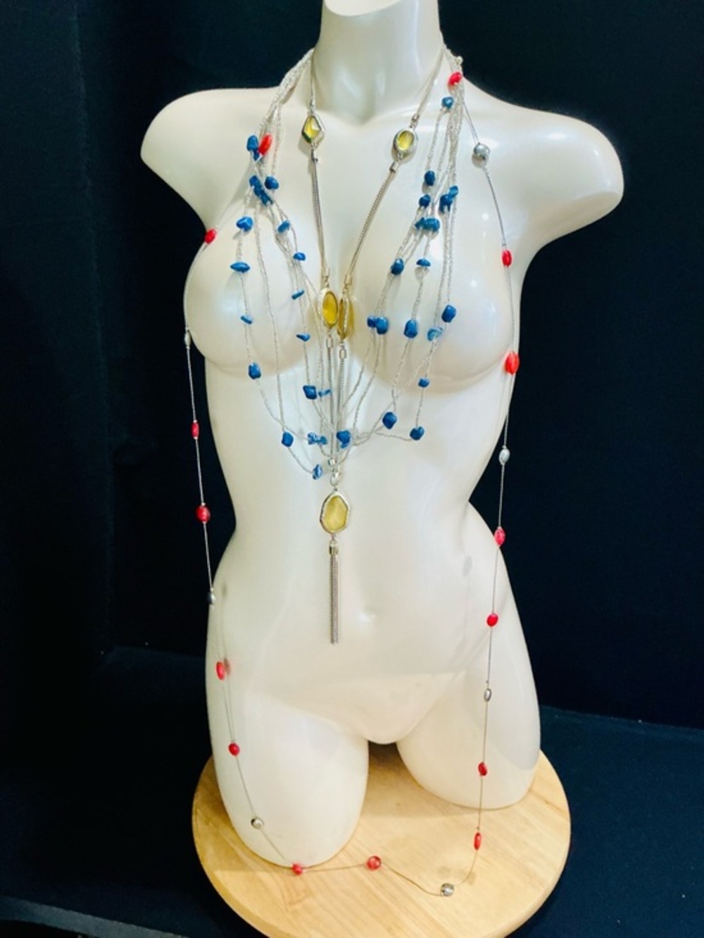 Chico's Multistrand Beaded Necklace in Blue, Red & Yellow Sexy Boho Beach Chic